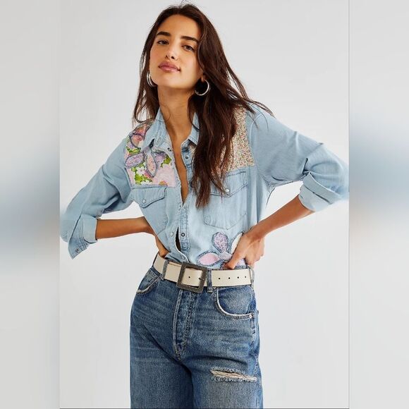 Rialto Jean Project X Free People Effie Denim Floral Patchwork Button Down Shirt - Picture 1 of 15